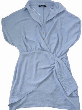 Zara Light ice Blue Wrap Tie Waist top Blouse Size XL short sleeves